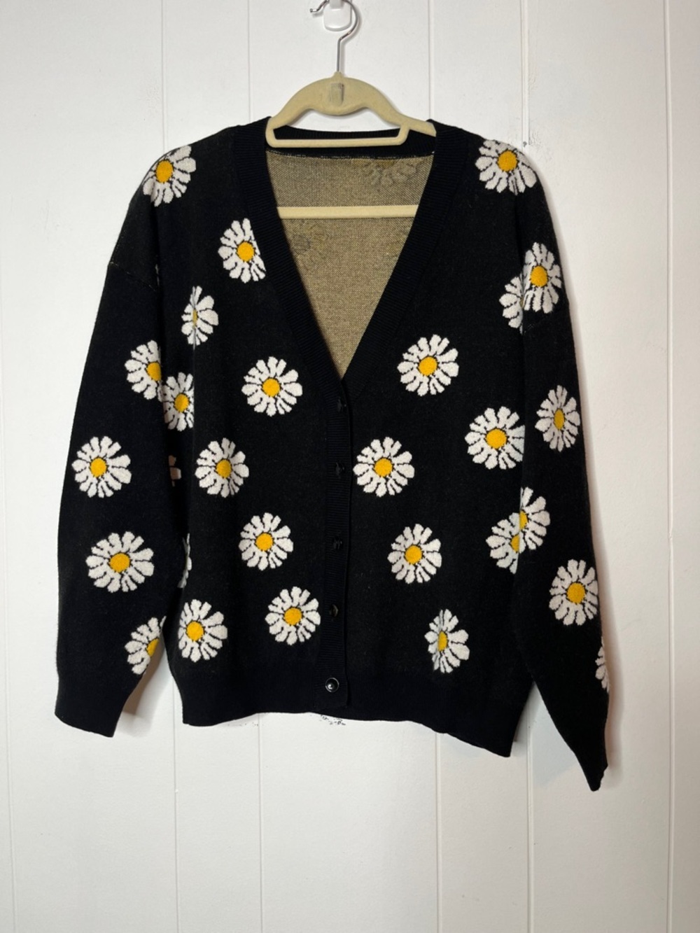 Black Daisy Button-Front Women's Cardigan Sweater All-over pattern